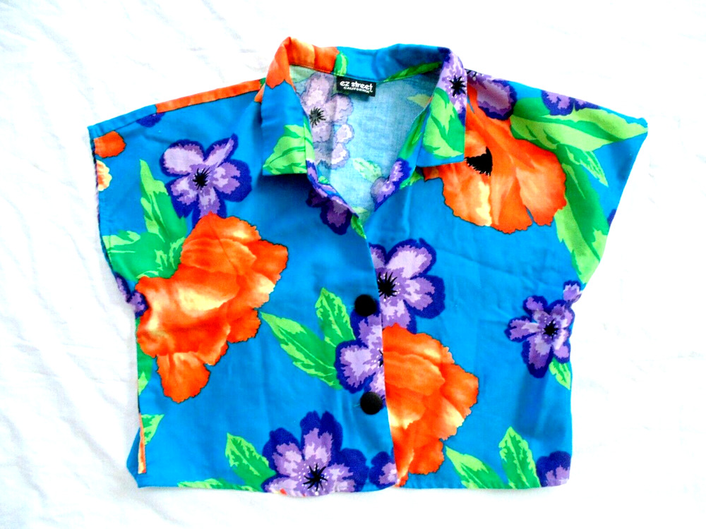 Vtg 80s Rave Color Pop Shirt Crop Top Turquoise Artsy Floral Print Womens 12